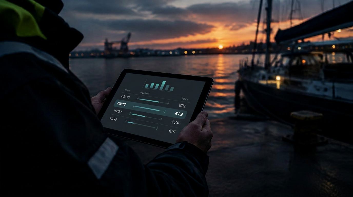 Crew member holding a tablet with a dashboard on the quay