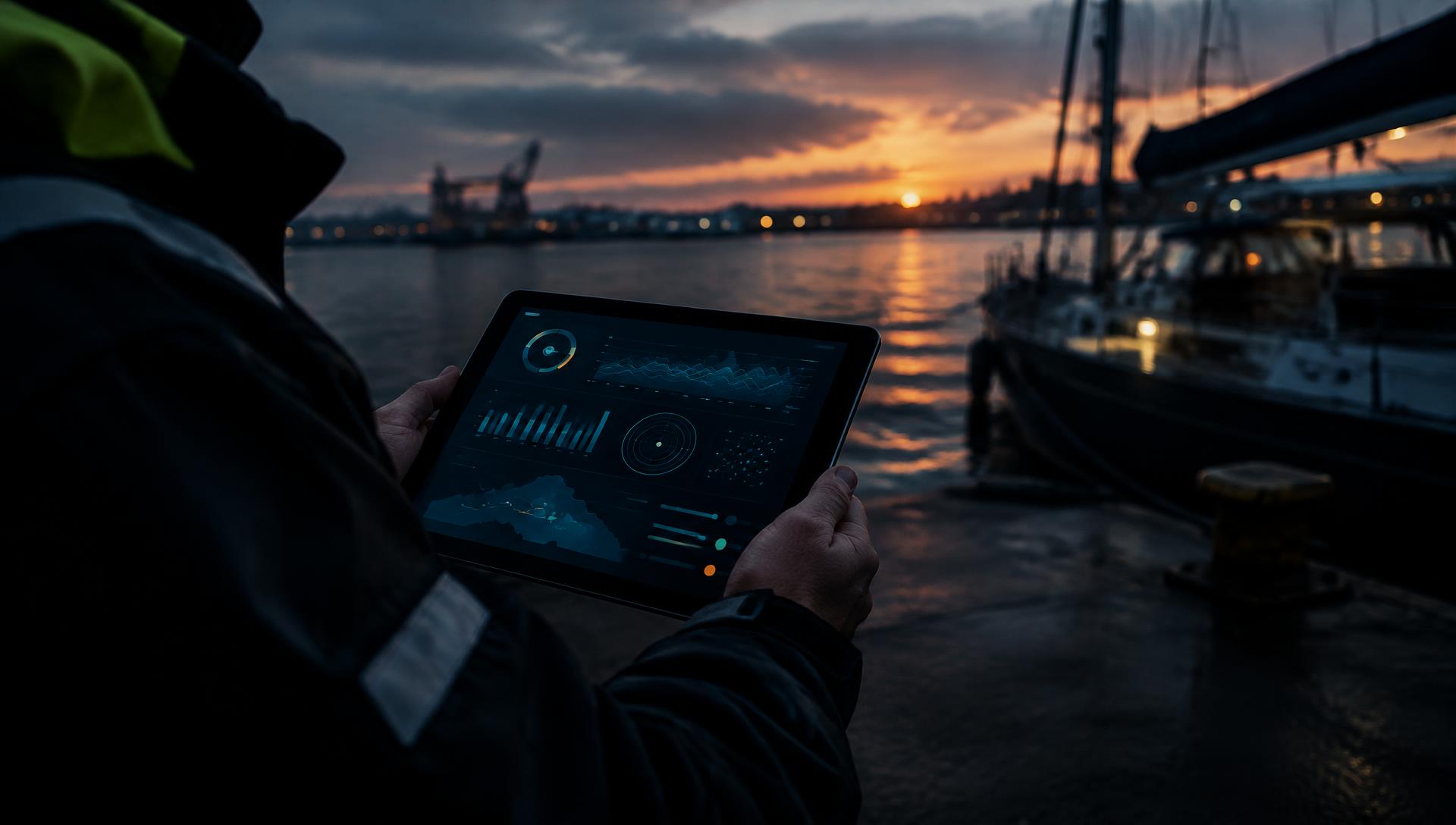 Crew member holding a tablet with a dashboard on the quay