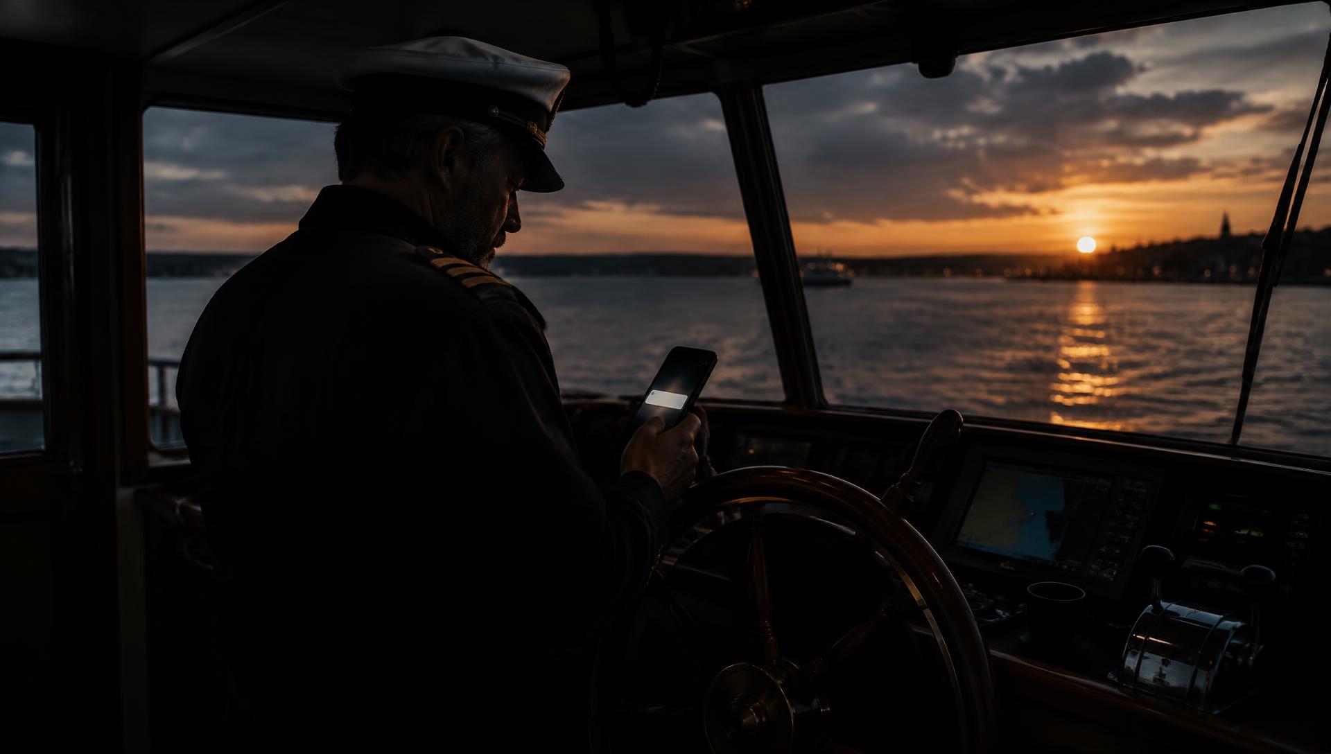 Captain checking a phone notification at the helm