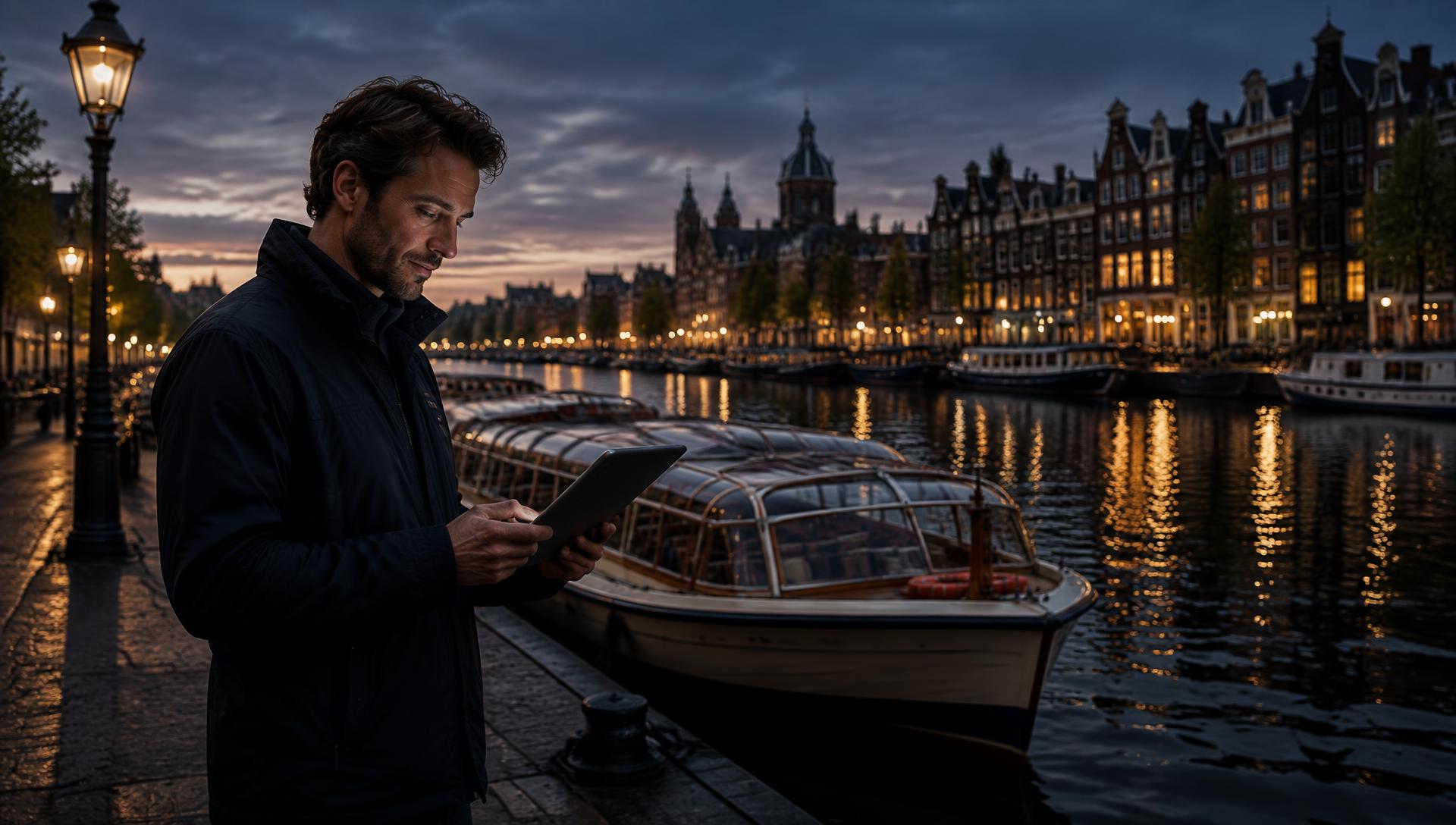 Tour operator on the quay at dusk reviewing prices on a tablet