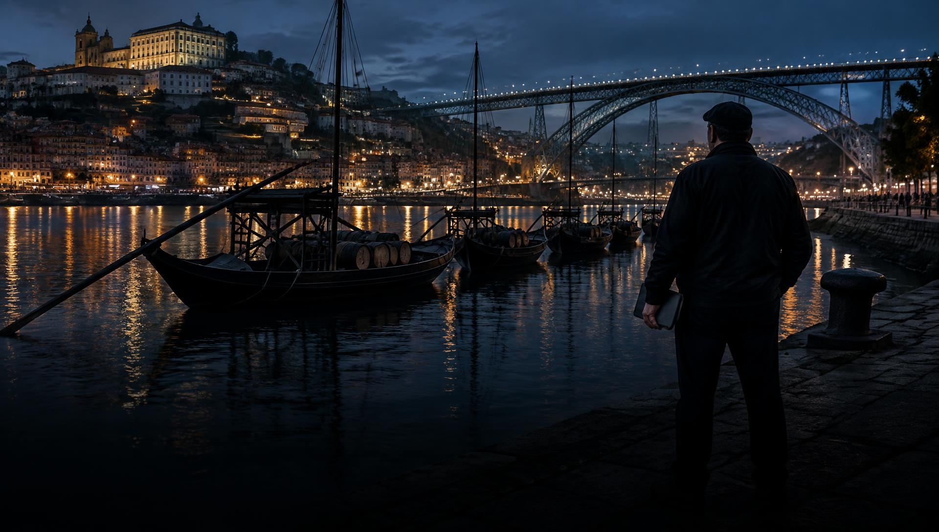Tour boat owner on the Porto quay at dusk overlooking his boats