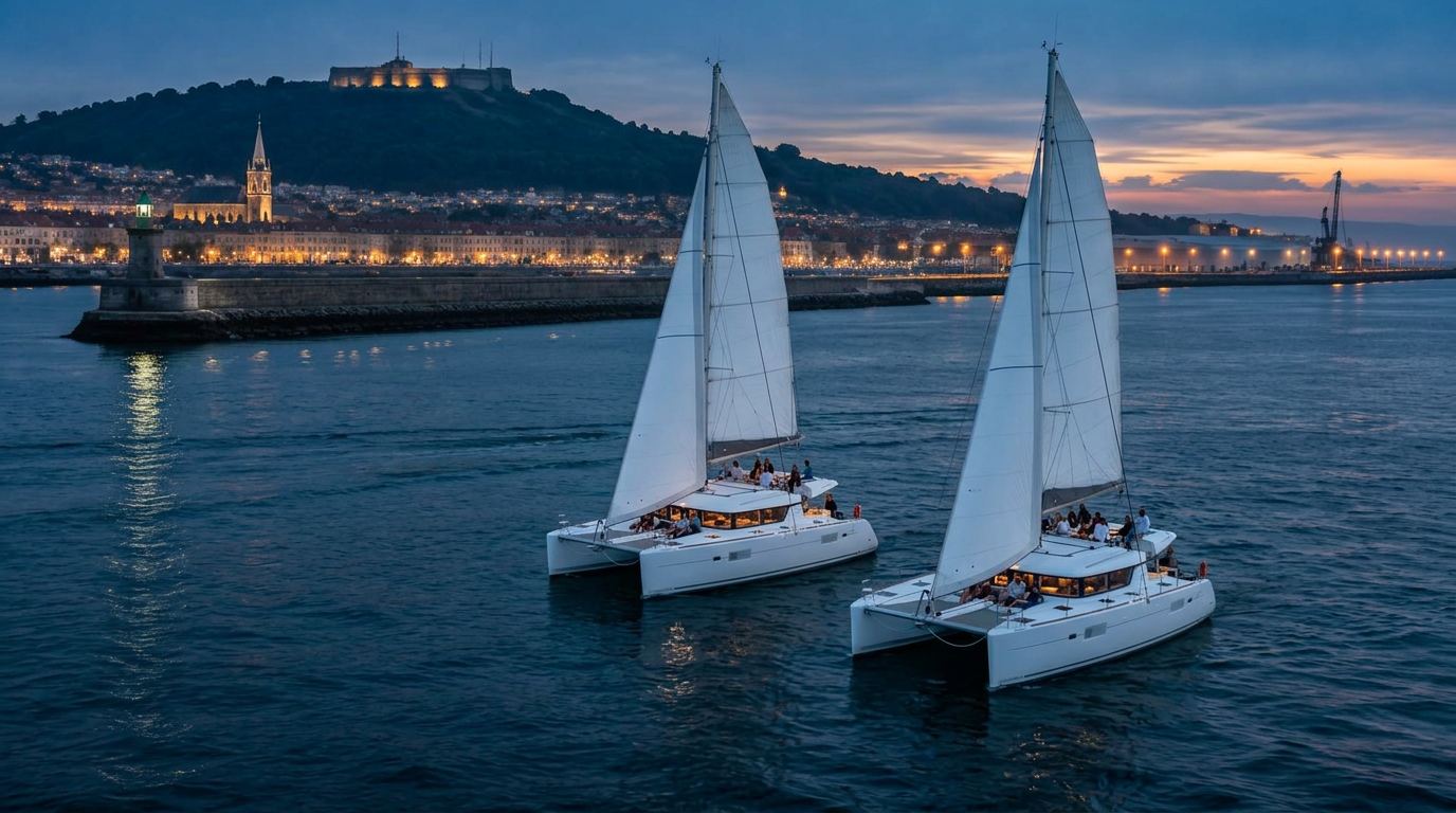 Two sailing tour boats leaving Cherbourg harbour at nightfall