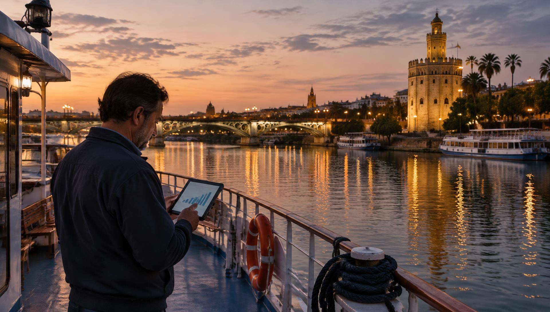 Smiling tour operator at a laptop in the evening