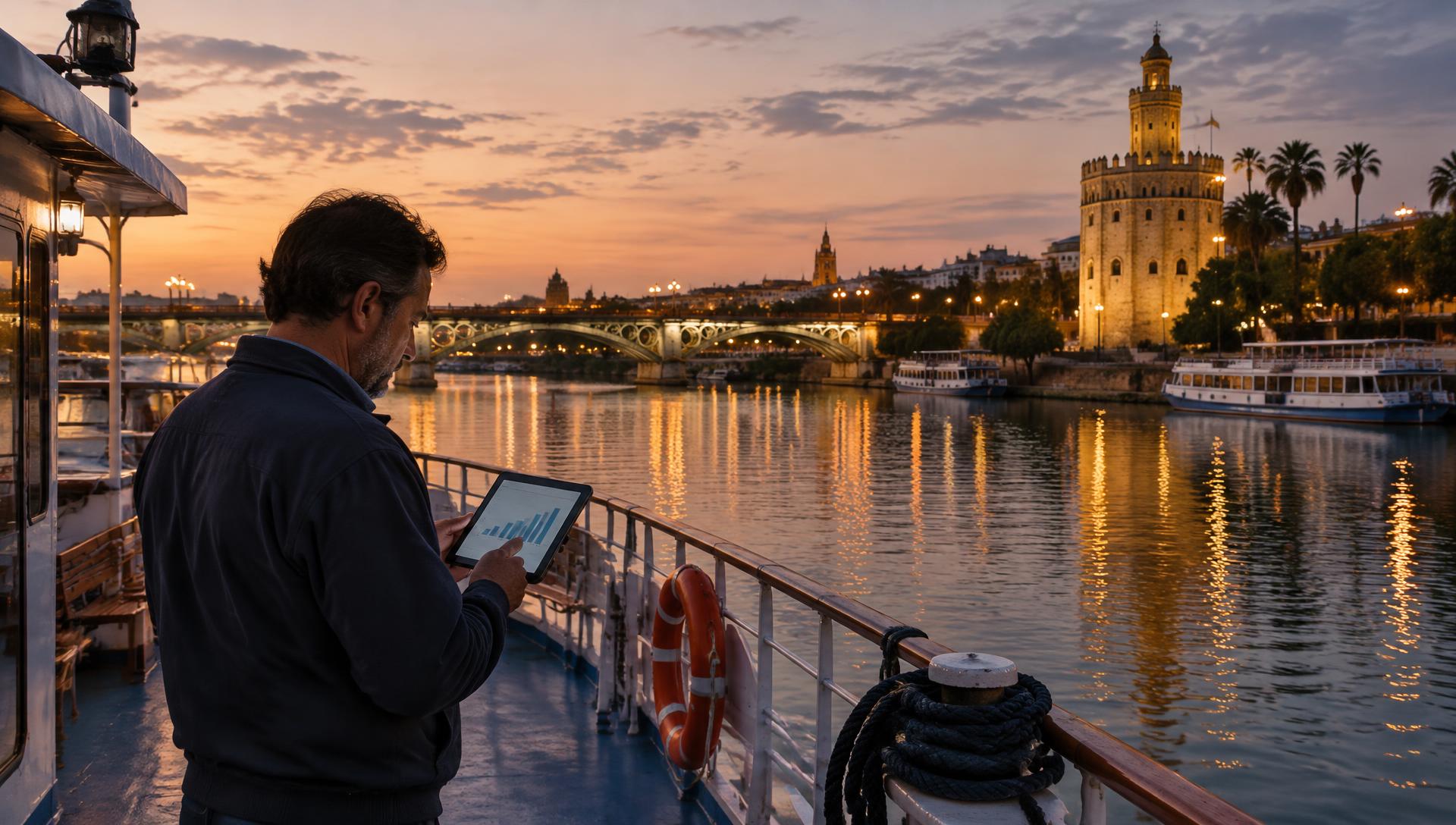 Smiling tour operator at a laptop in the evening