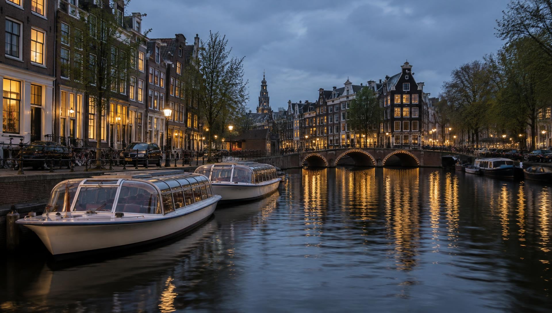 Canal tour boats in Amsterdam at dusk