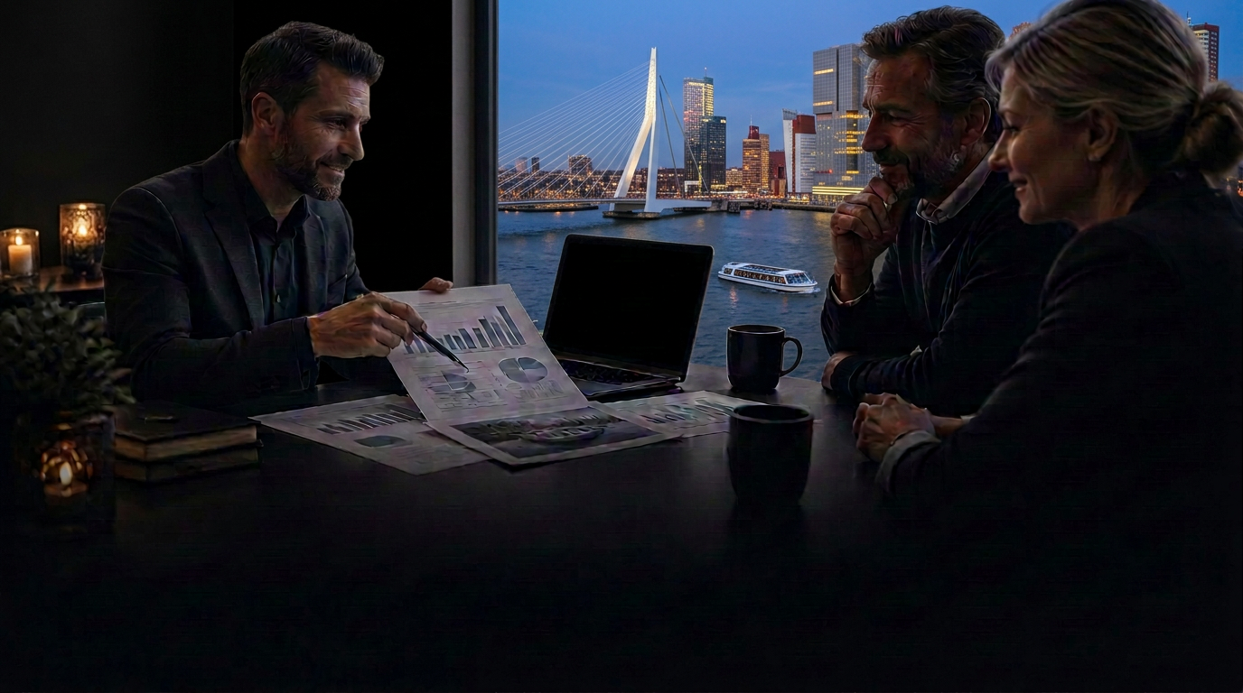 Analyst discussing results with a boat tour operator in Rotterdam