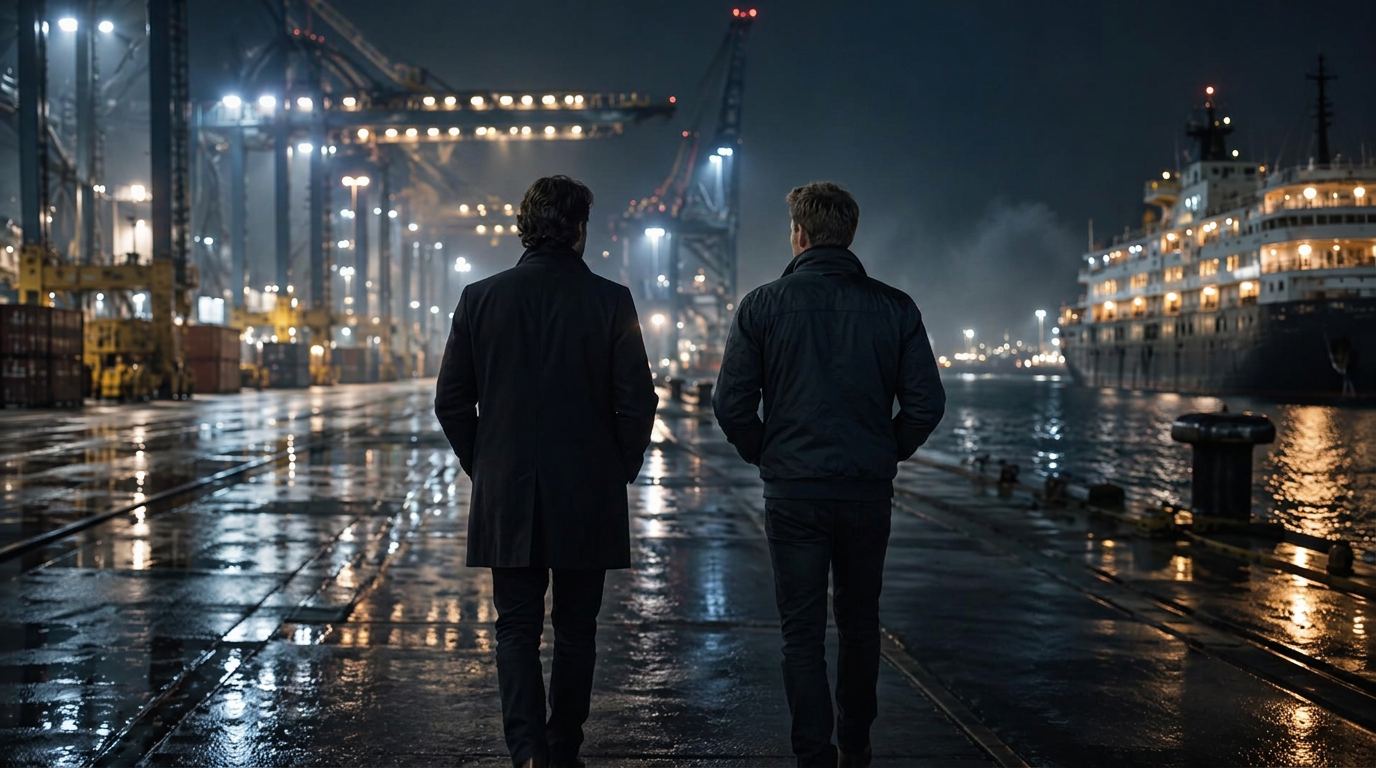 Two founders walking along a quay in the port of Rotterdam at night