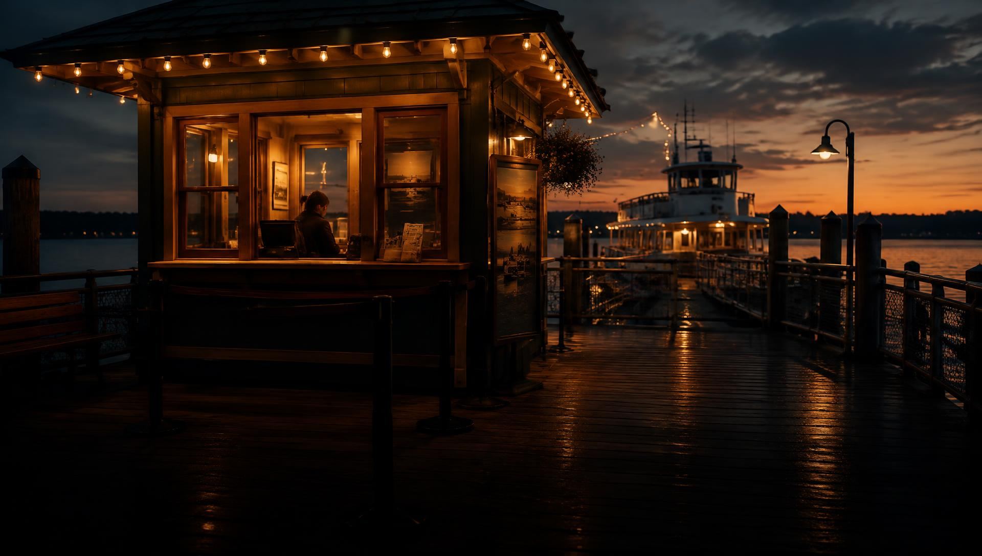 Ticket booth on a pier in the evening