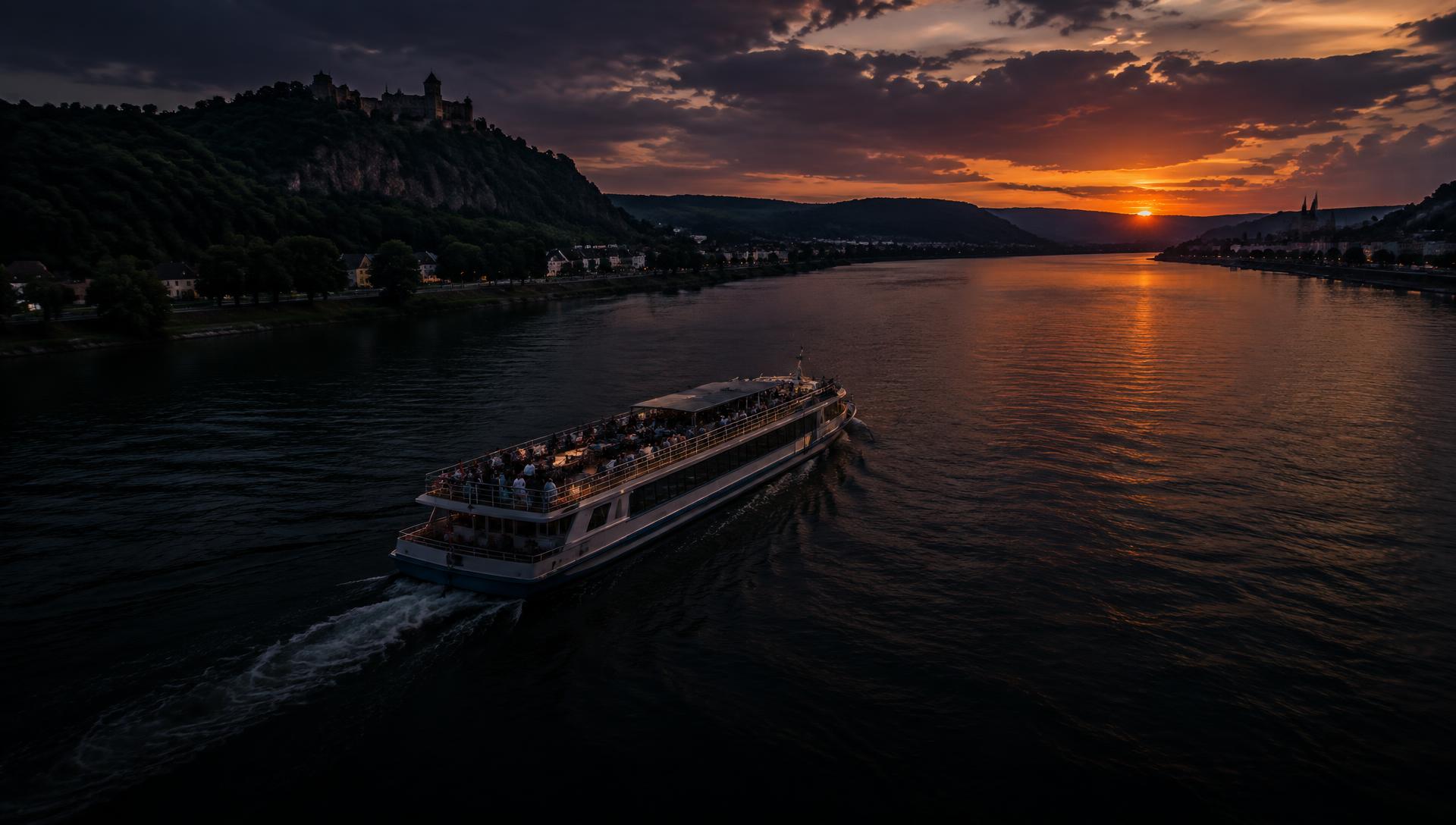 Full tour boat cruising a river at dusk