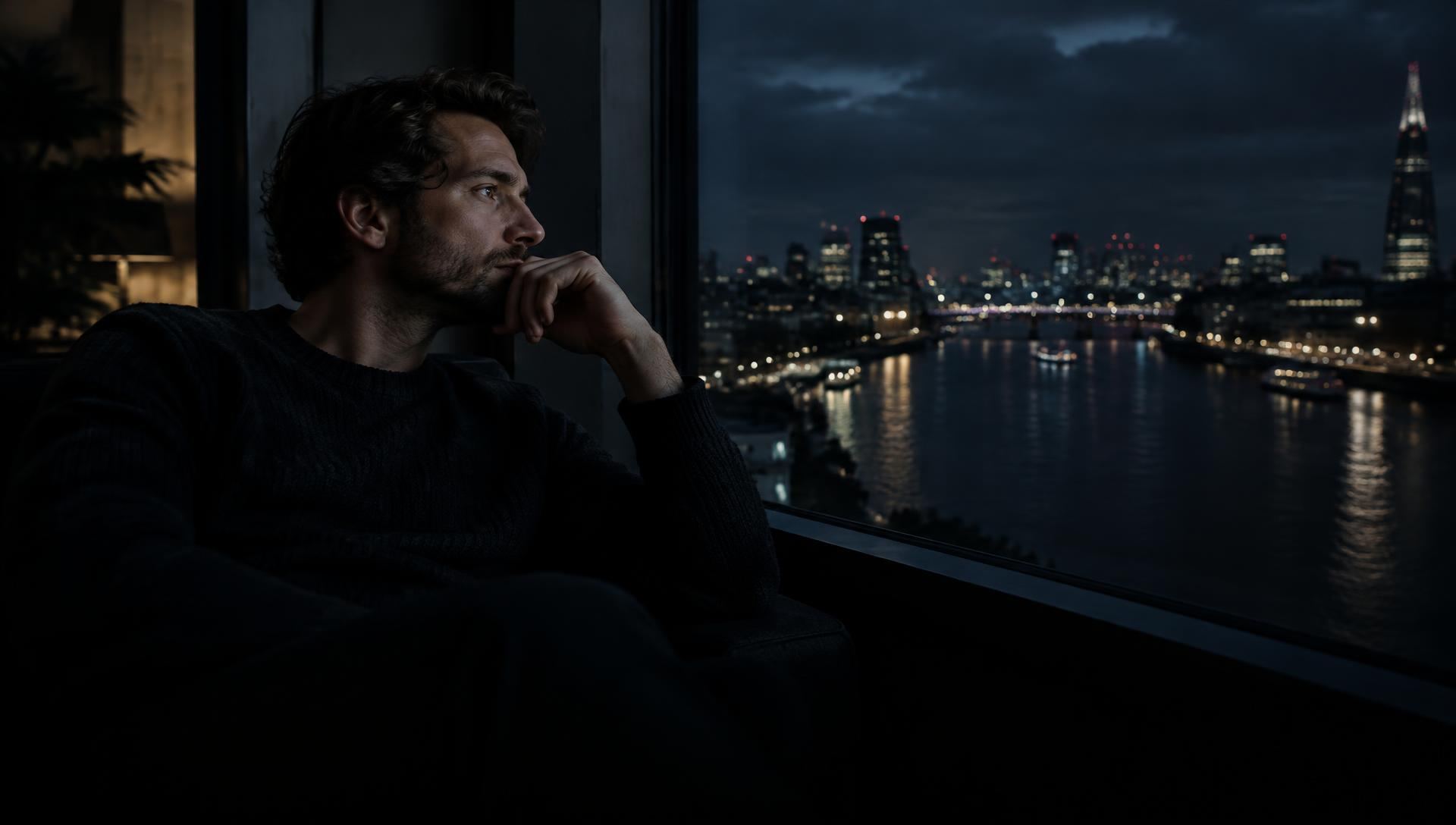 Founder sitting by a window overlooking a river at night